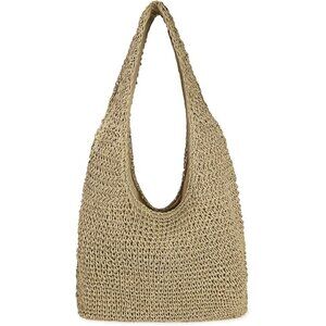 Women's Light Khaki Large Straw Beach Handmade Woven Shoulder Hobo Tote Handbag